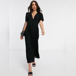 ASOS Design Black Buttoned Front Jumpsuit With Puff Sleeves